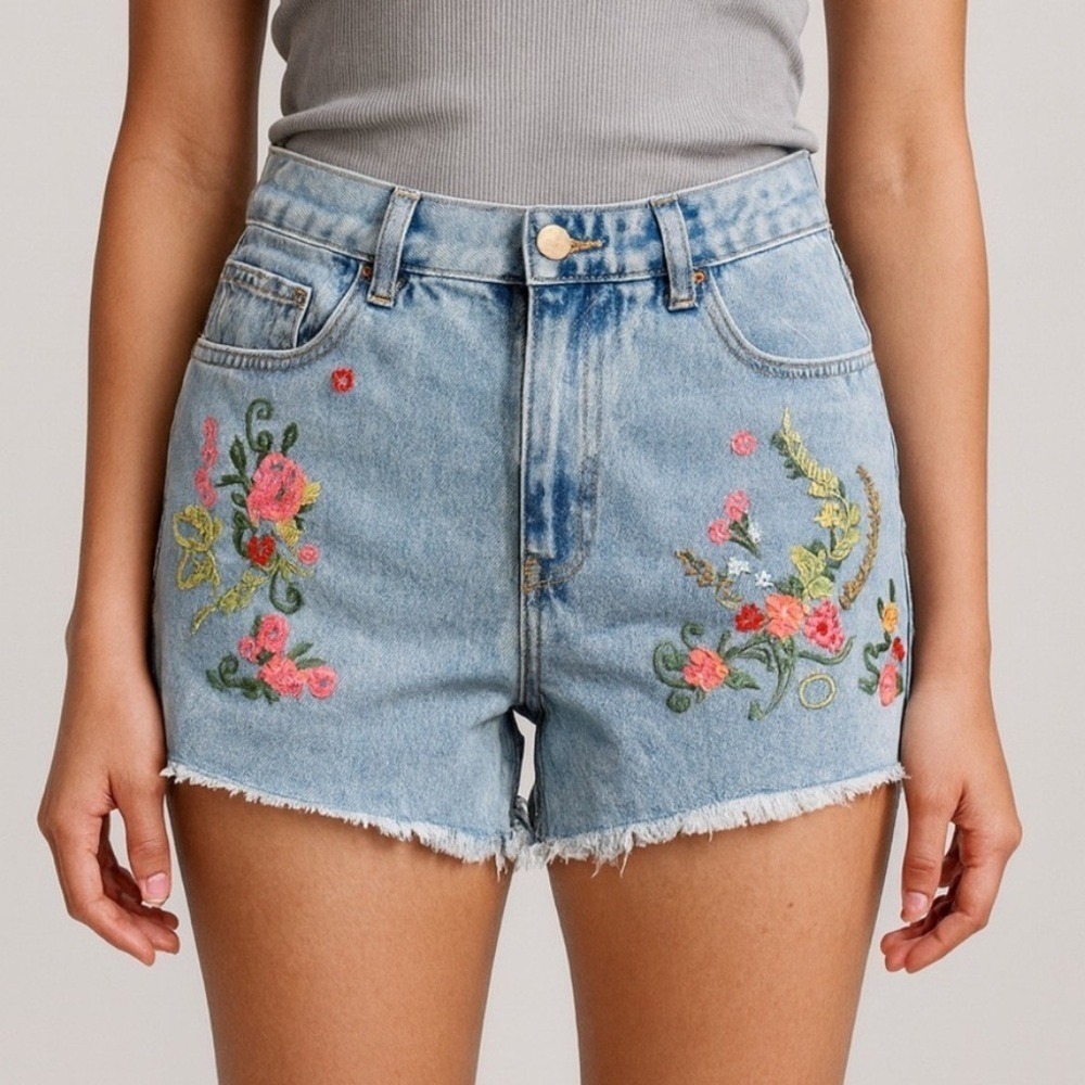 ROMWE Light Blue Denim Jean Shorts with Floral Embroidery